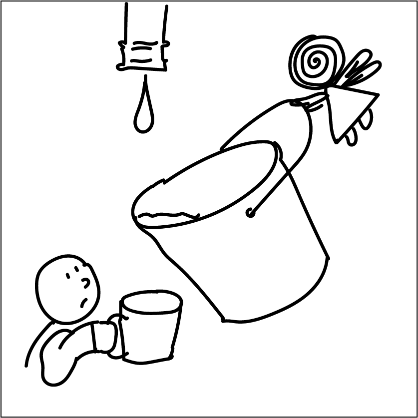A person holding up a cup to a dripping tap while a fairy with a spiral head (AI) holds a bucket