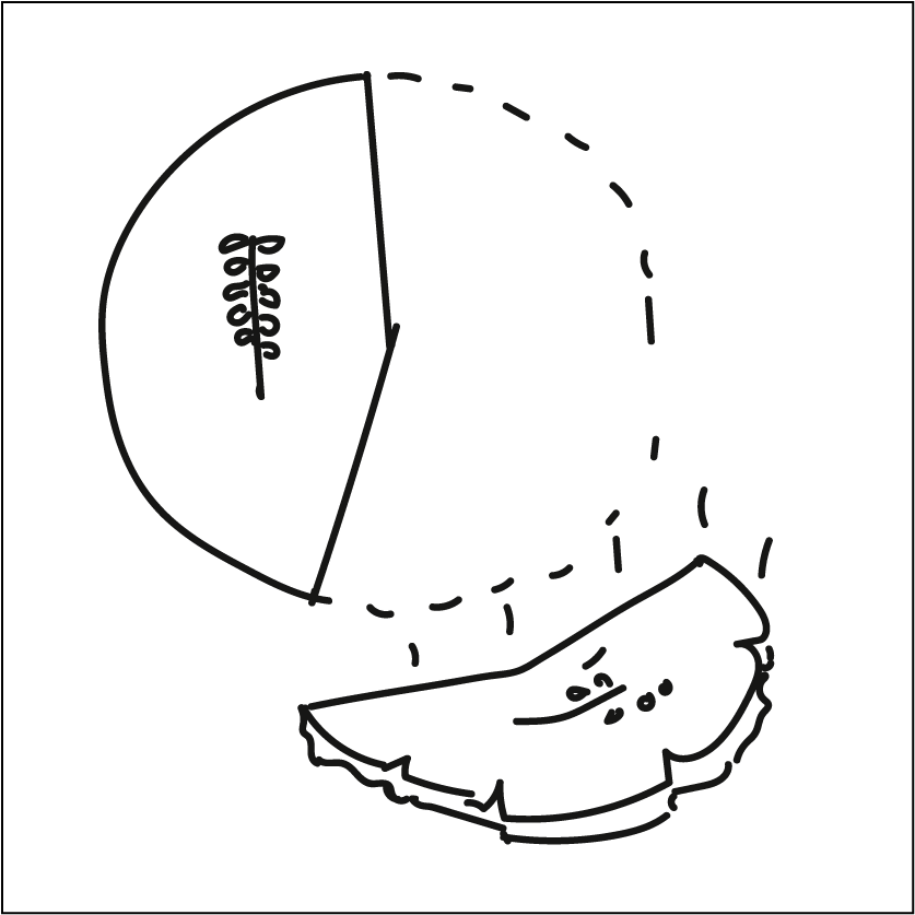 A pie chart with a wheat stalk on it and more than half of it falling to the floor