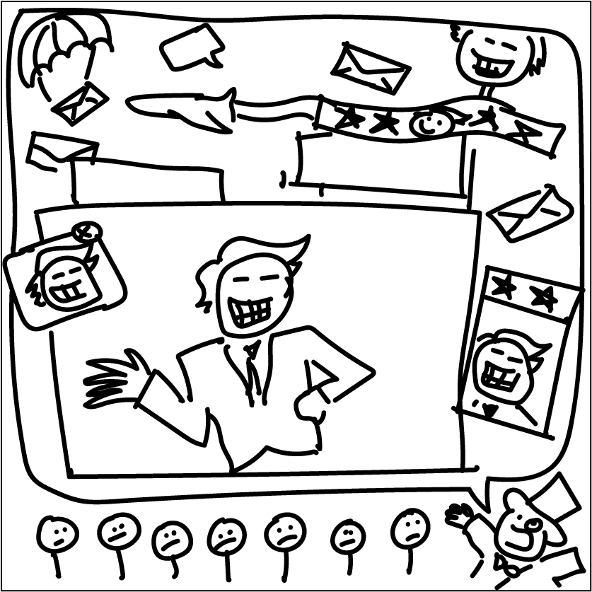A picture of campgaign advertisements filling a screen being spoken by one figure while several others listen