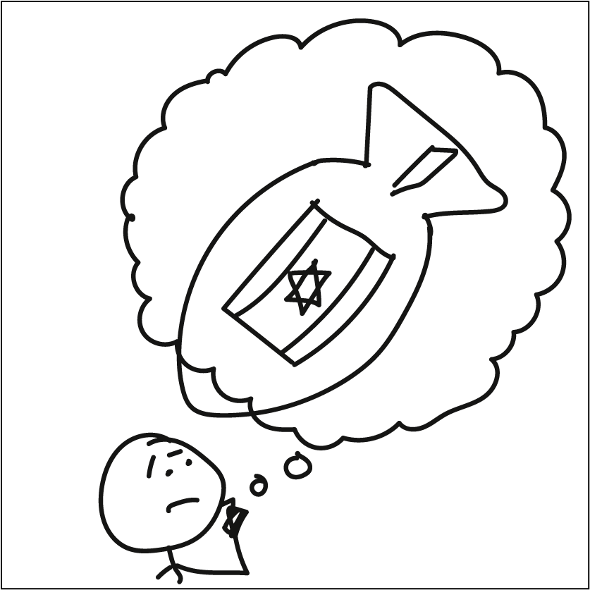 A figure with a thought-cloud above their heads imagining a large bomb with the flag of Israel on it, and the bomb is poking out of the cloud