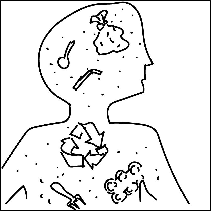 A cutaway of the human body with trash floating around and a recylce symbol in it