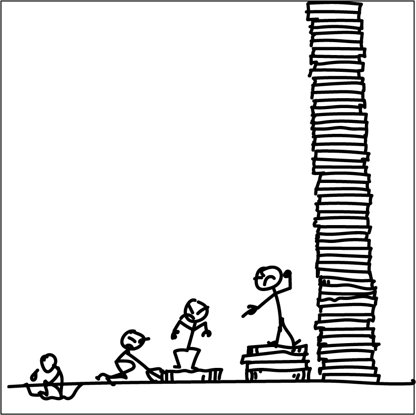 Four characters on increasing piles of coins arguing with each other while a fifth stack goes up out of the frame